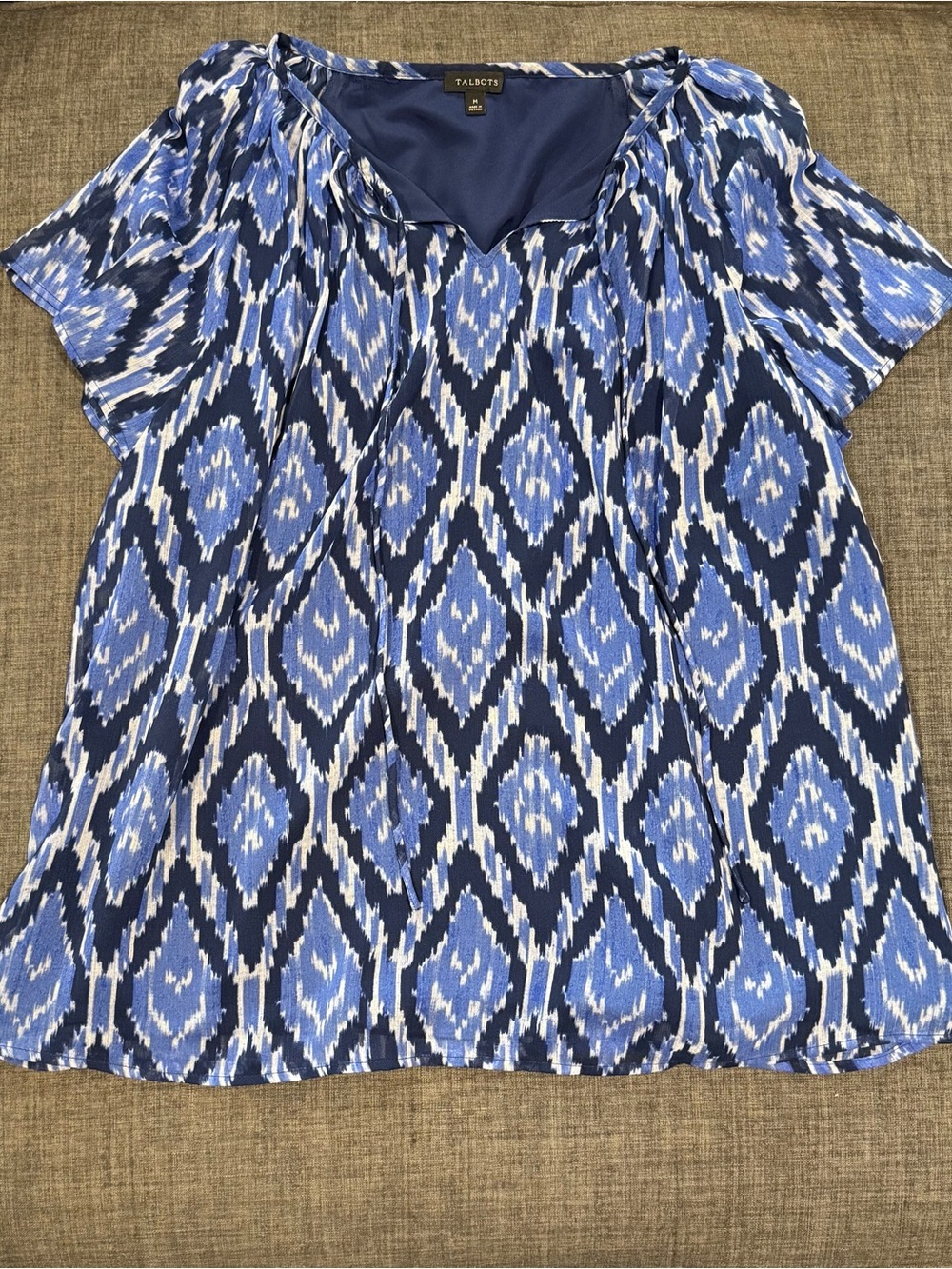 Talbots Blue & White Ikat V-Neck Short-Sleeve Blouse